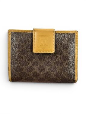 Celine Brown Macadam & Mustard Yellow Leather Compact Kisslock Bifold Wallet
